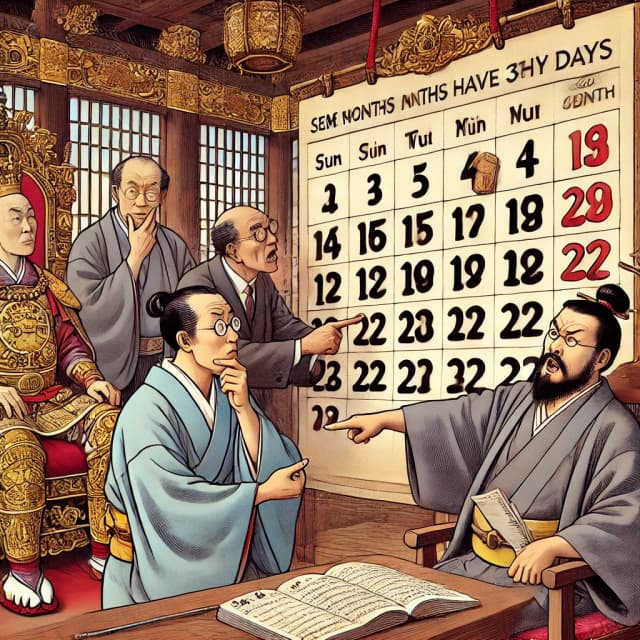 A group of scholars in traditional Japanese attire discussing a large calendar in a historical setting. Click to learn the Japanese counter 日 (nichi) for days of the month.