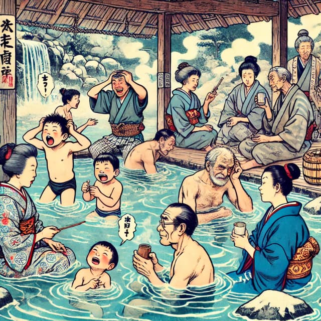 People of different ages relaxing in a traditional Japanese hot spring, engaging in conversation. Click to learn the Japanese counter 歳 (sai) for age.