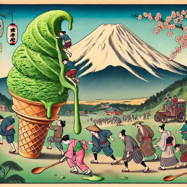 People in traditional Japanese clothing walking near Mount Fuji, with a giant melting matcha ice cream cone. Click to learn the Japanese counter 人 (nin) for counting people.