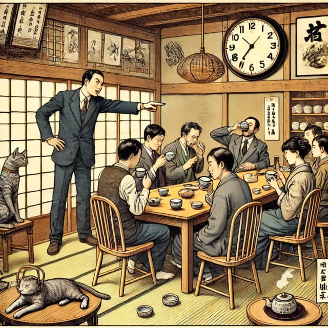 Men in a traditional Japanese tea house checking the time on a wall clock while drinking tea. Click to learn the Japanese counter 時 (ji) for hours.