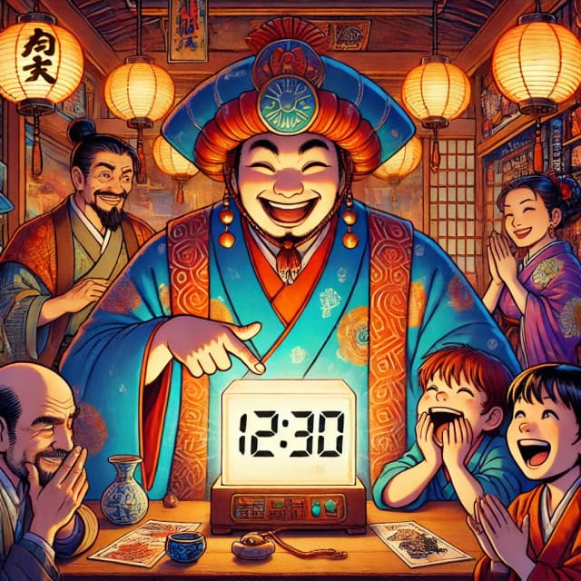 A joyful man in traditional Japanese attire presenting a digital clock reading 12:30, surrounded by laughing people. Click to learn the Japanese counter 分 (fun) for minutes.