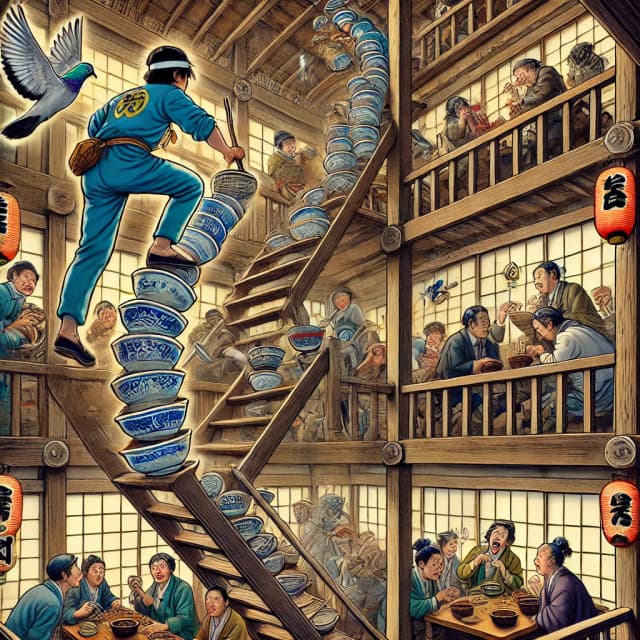 A worker balancing a tall stack of bowls while climbing stairs in a multi-story traditional Japanese building. Click to learn the Japanese counter 階 (kai) for floors of a building.