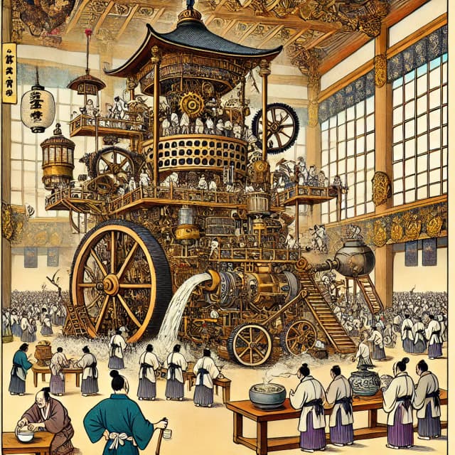 A massive intricate machine operated by people in a grand traditional Japanese hall. Click to learn the Japanese counter 台 (dai) for machines and furniture.