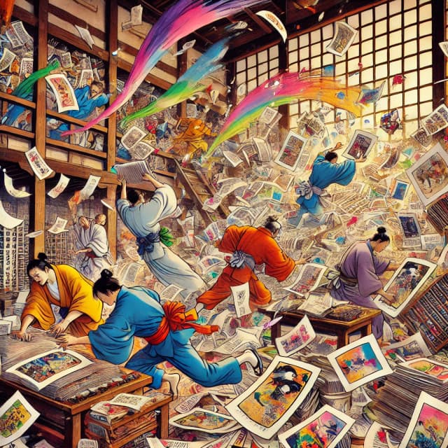 Workers in a traditional Japanese print shop overwhelmed by flying sheets of paper. Click to learn the Japanese counter 枚 (mai) for flat objects.