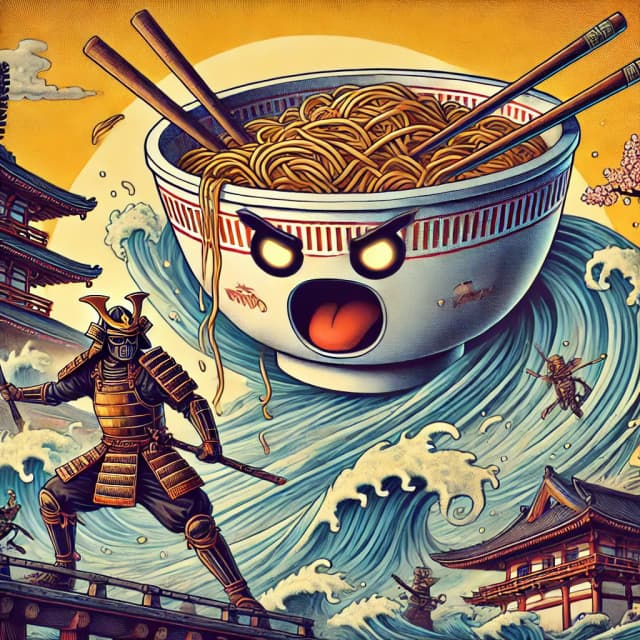 A samurai facing a giant angry ramen bowl amid crashing waves in a dramatic Japanese scene. Click to practice Hiragana.