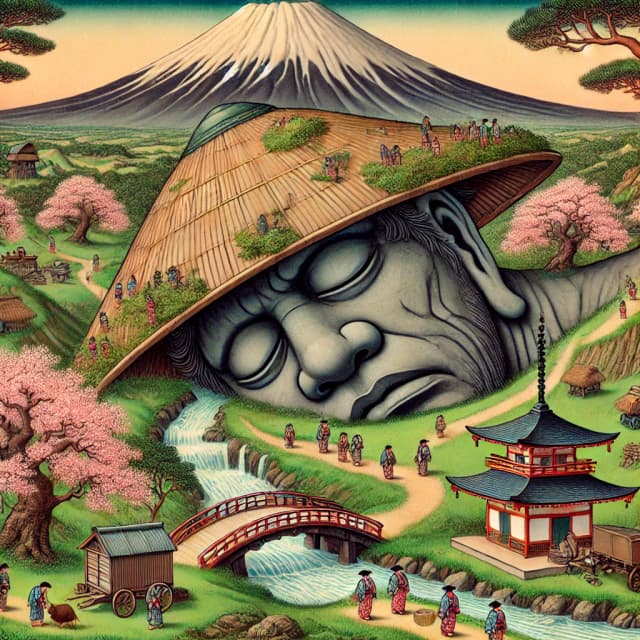 A giant stone face wearing a straw hat emerging from the landscape near Mount Fuji in a traditional Japanese setting. Click to practice Katakana.