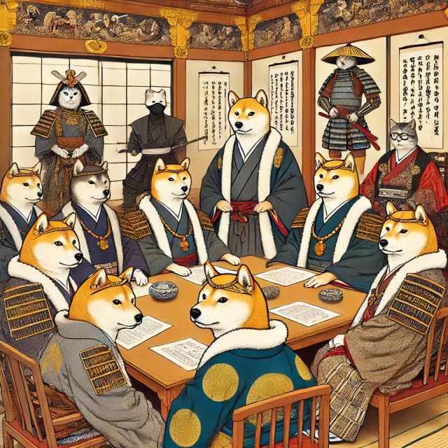 Shiba Inu dogs dressed as samurai gathered around a table in a traditional Japanese meeting. Click to learn common Katakana words.