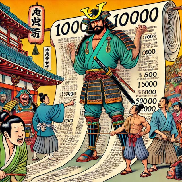 A giant samurai standing on a massive scroll filled with numbers in a traditional Japanese setting. Click to use the number converter tool.