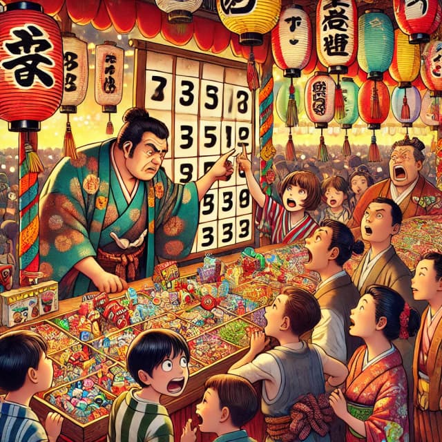 A lively Japanese festival game stall where a vendor calls out numbers to an excited crowd. Click to practice Japanese numbers.