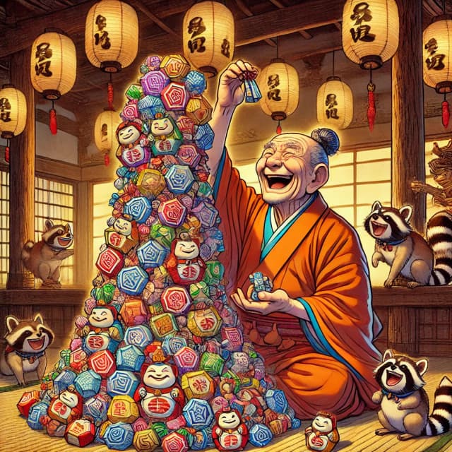 An elderly man joyfully stacking daruma dolls in a traditional Japanese setting, surrounded by playful raccoons. Click to learn the Japanese counter 〜つ (tsu).