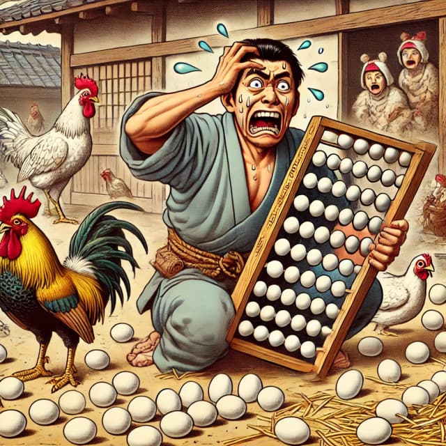 A panicked man holding a large abacus surrounded by scattered eggs and chickens in a traditional Japanese setting. Click to learn the Japanese counter 個 (ko) for small and round objects.