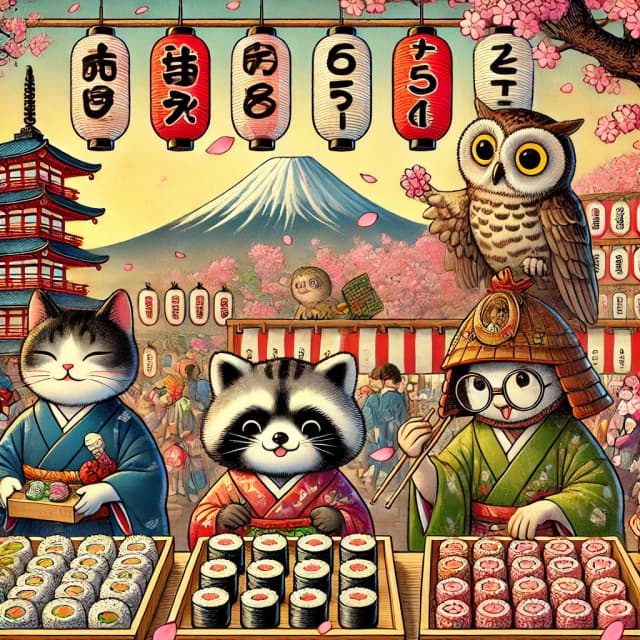 Animals selling sushi at a traditional Japanese festival with Mount Fuji in the background. Click to learn Japanese counters.