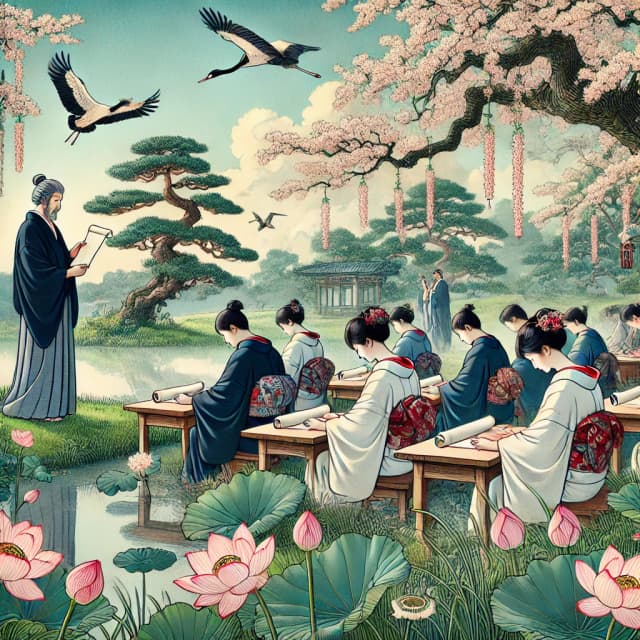 Students in traditional Japanese attire studying in a serene garden classroom with a teacher. Click to learn JLPT N5 grammar.