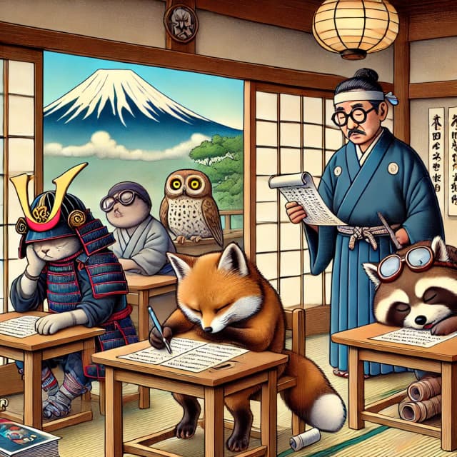 Animals taking an exam in a traditional Japanese classroom. Click to explore JLPT tests and study materials.