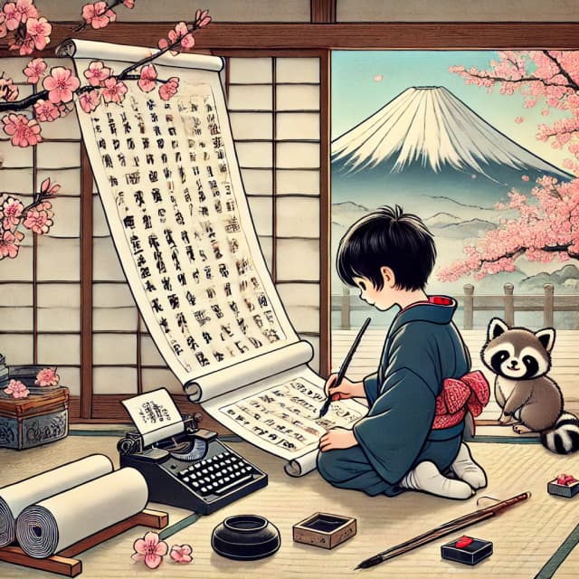 A young student practicing Japanese writing with a brush on a scroll in a traditional setting, with Mount Fuji visible outside. Click to learn Hiragana & Katakana.