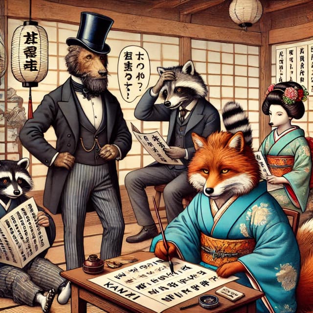 Animals dressed in traditional and Western clothing taking a Kanji test in a Japanese classroom. Click to practice JLPT N5 Kanji tests.