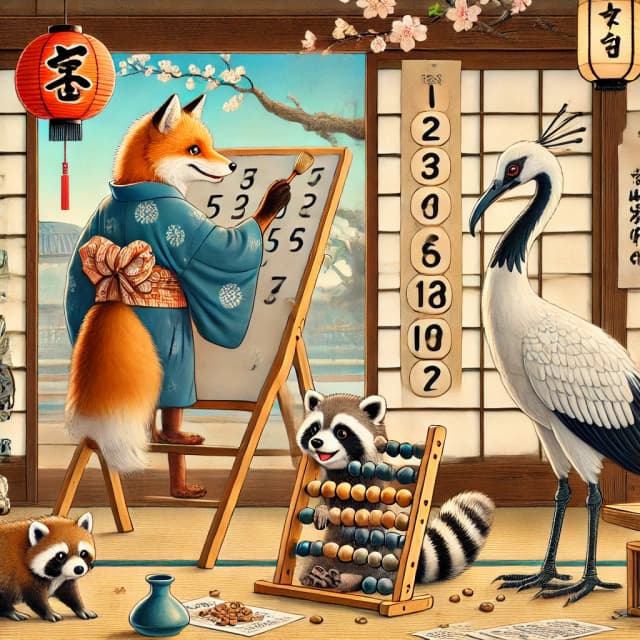 Animals learning numbers in a traditional Japanese classroom with an abacus and chalkboard. Click to learn Japanese numbers.