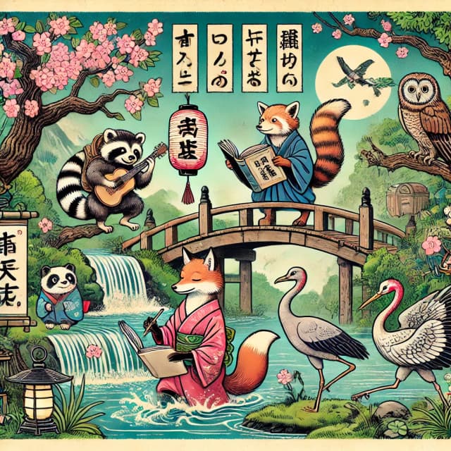 Animals in a Japanese garden doing different actions, like reading and washing. Click to learn Japanese verbs.