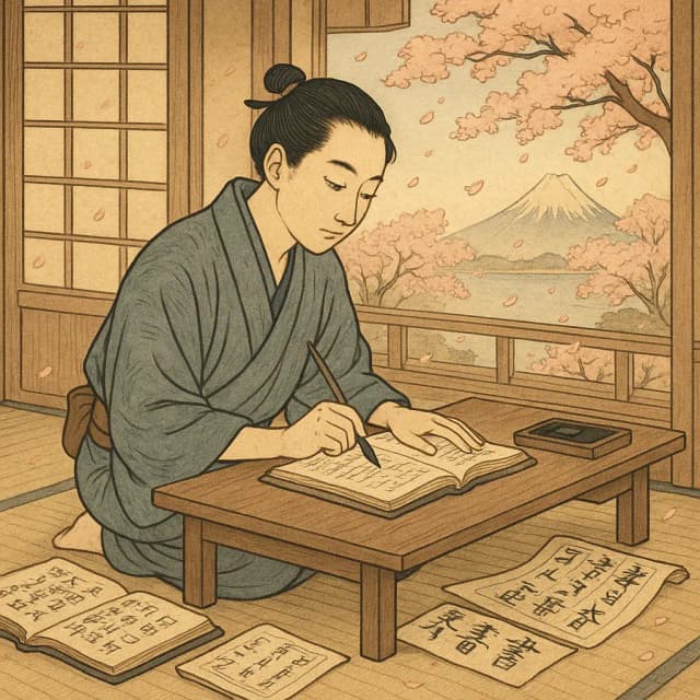 A person in traditional Japanese clothing studying grammar at a low desk with Mount Fuji in the background. Click to take JLPT N5 grammar tests.