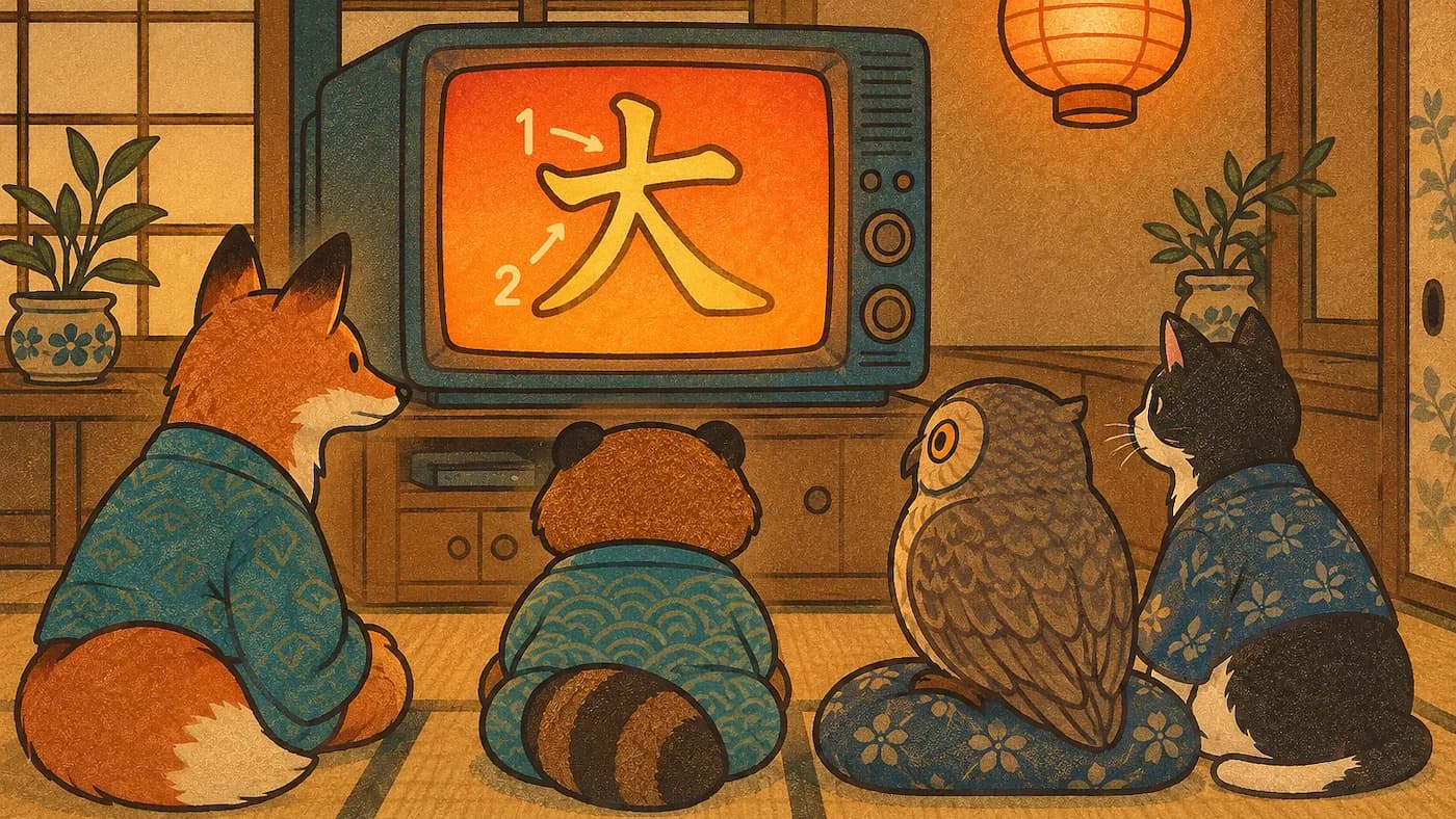 Animals watching a TV screen showing animated Kanji stroke order in a cozy Japanese room. Click to create Kanji stroke GIFs.