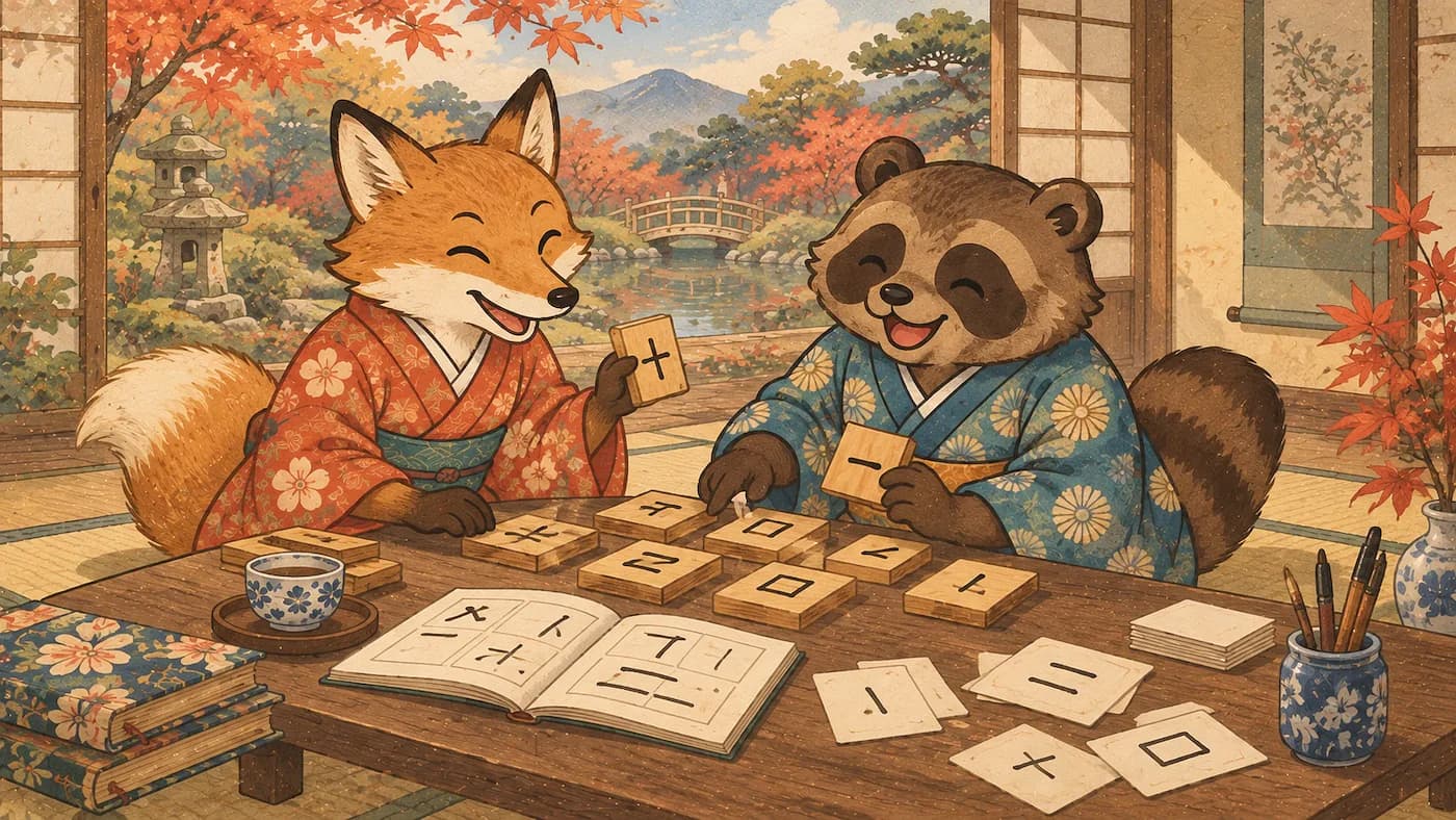 A fox and a raccoon in kimonos happily studying wooden Kanji blocks together. Click to practice JLPT N5 Kanji.