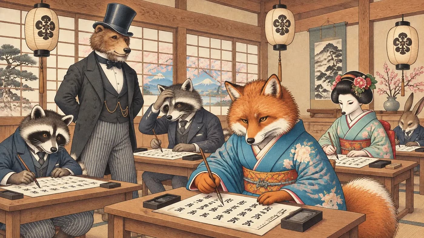 Animals dressed in traditional and Western clothing taking a Kanji test in a Japanese classroom. Click to practice JLPT N5 Kanji tests.
