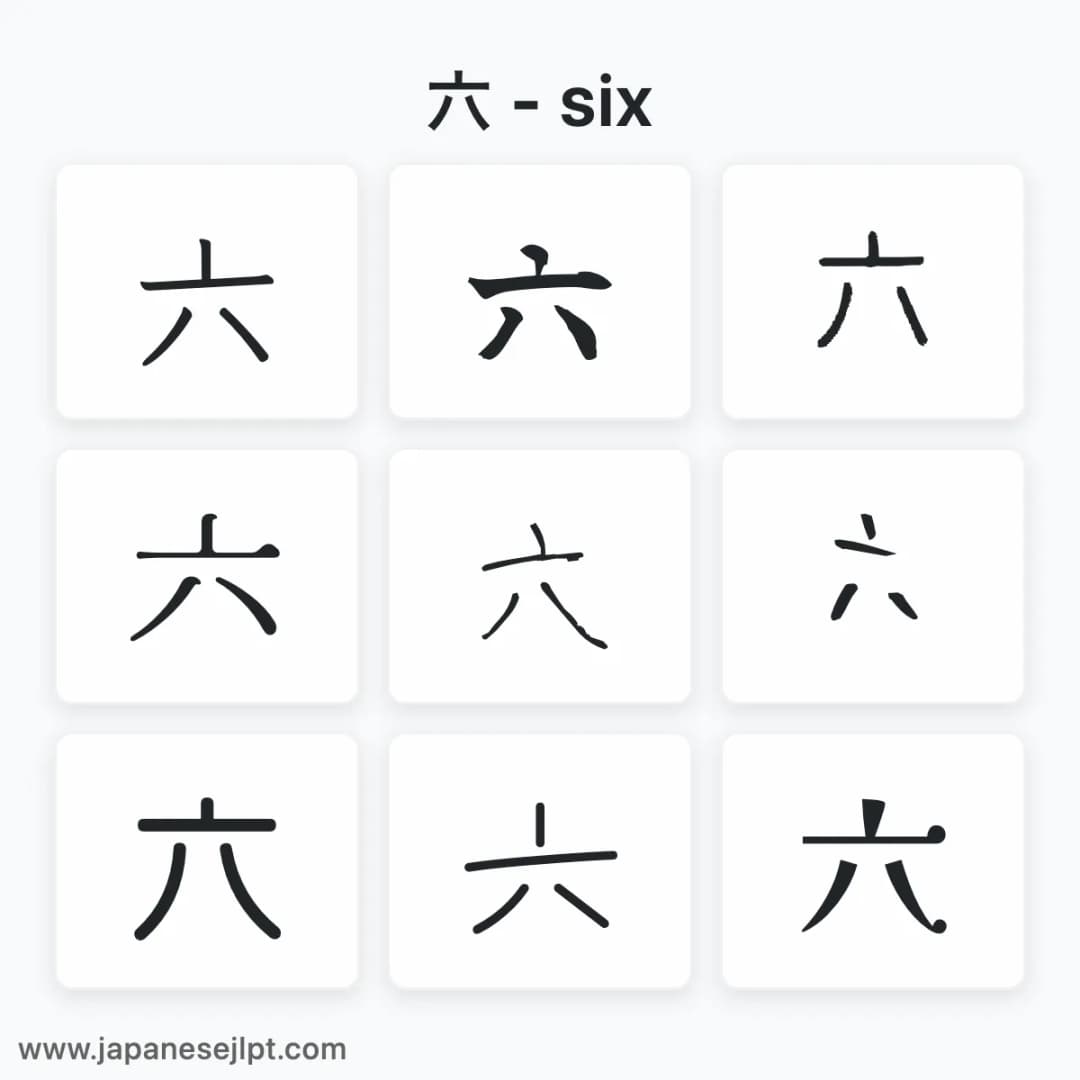 Japanese kanji 六 in different fonts
