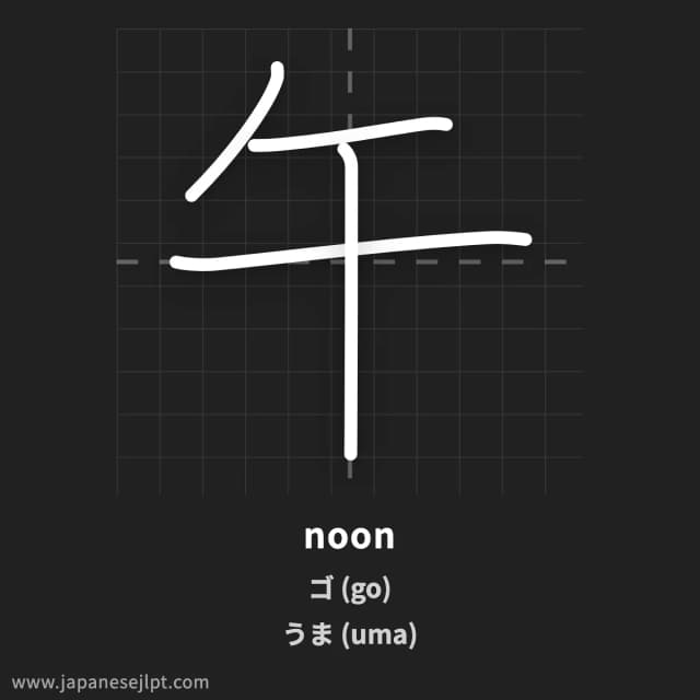 Kanji 午 meaning and readings