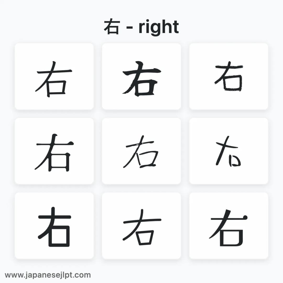 Japanese kanji 右 in different fonts