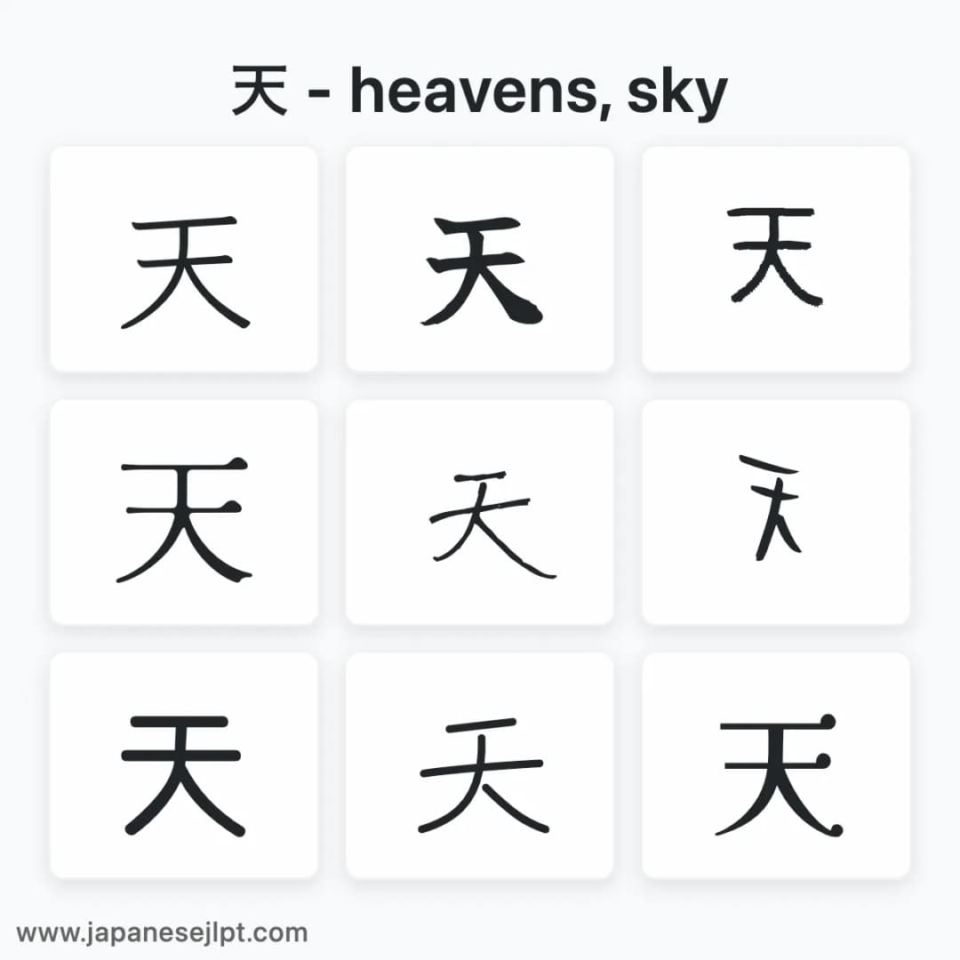 Japanese kanji 天 in different fonts