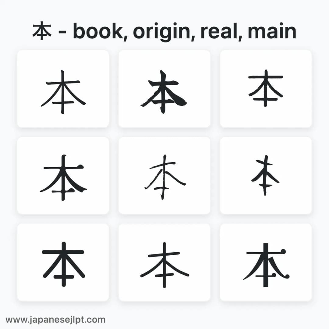 Japanese kanji 本 in different fonts