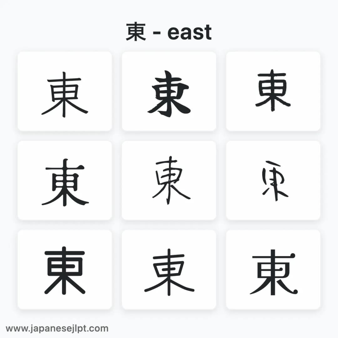 Japanese kanji 東 in different fonts