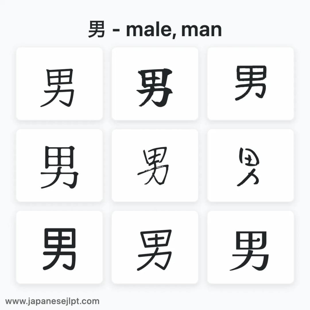 Japanese kanji 男 in different fonts
